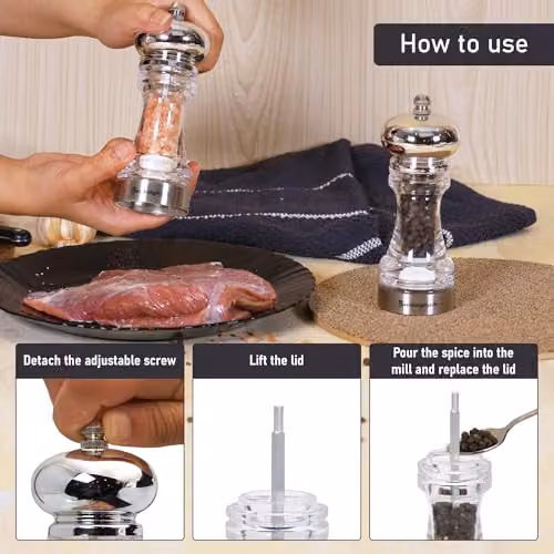 Buckingham Premium Salt and Pepper Grinder Set in Transparent Clear Acrylic with Adjustable Ceramic Grind Mechanism – 3