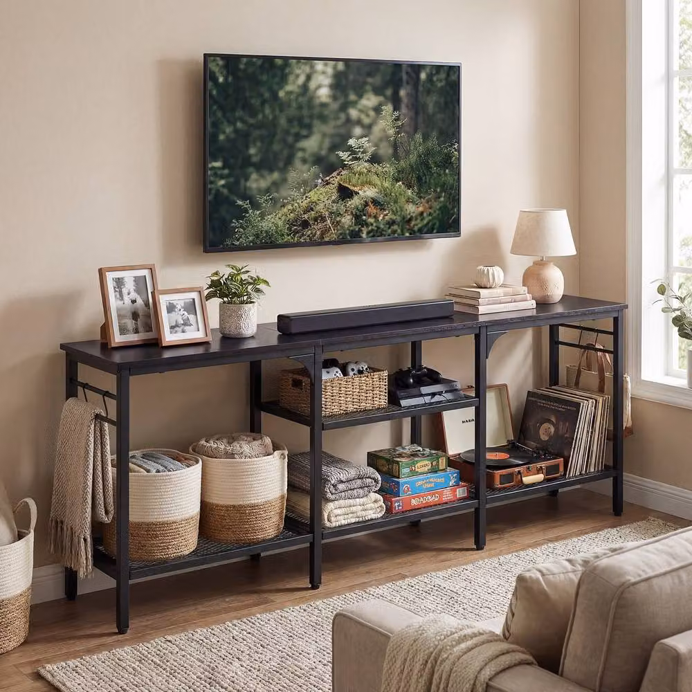 Gymax Industrial TV Stand and Media Console Table with Metal Mesh Shelves in Black – 8