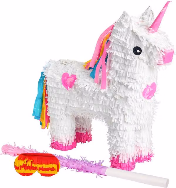 Fax Potato 3-Piece Pink and White Unicorn Piñata Set with Stick and Blindfold