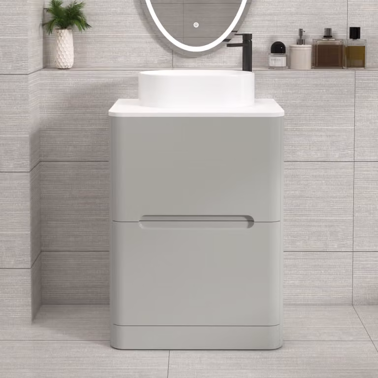 Royal Bathrooms Venice 600mm Floor Standing Vanity Unit in Dove Grey with 2 Drawers, Plain White Worktop and Peak Basin