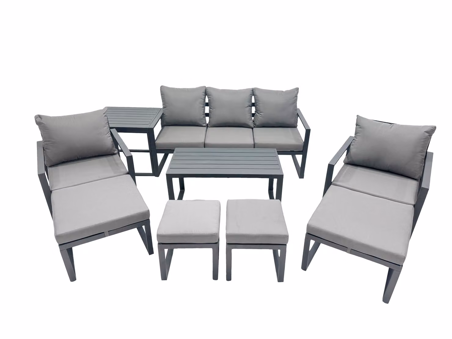 Fimous 9 Seat Modern Outdoor Furniture Set in Dark Grey with Powder Coated Aluminium Frame, 3 Seater Sofa, Coffee Table and 4 Ottomans – 2