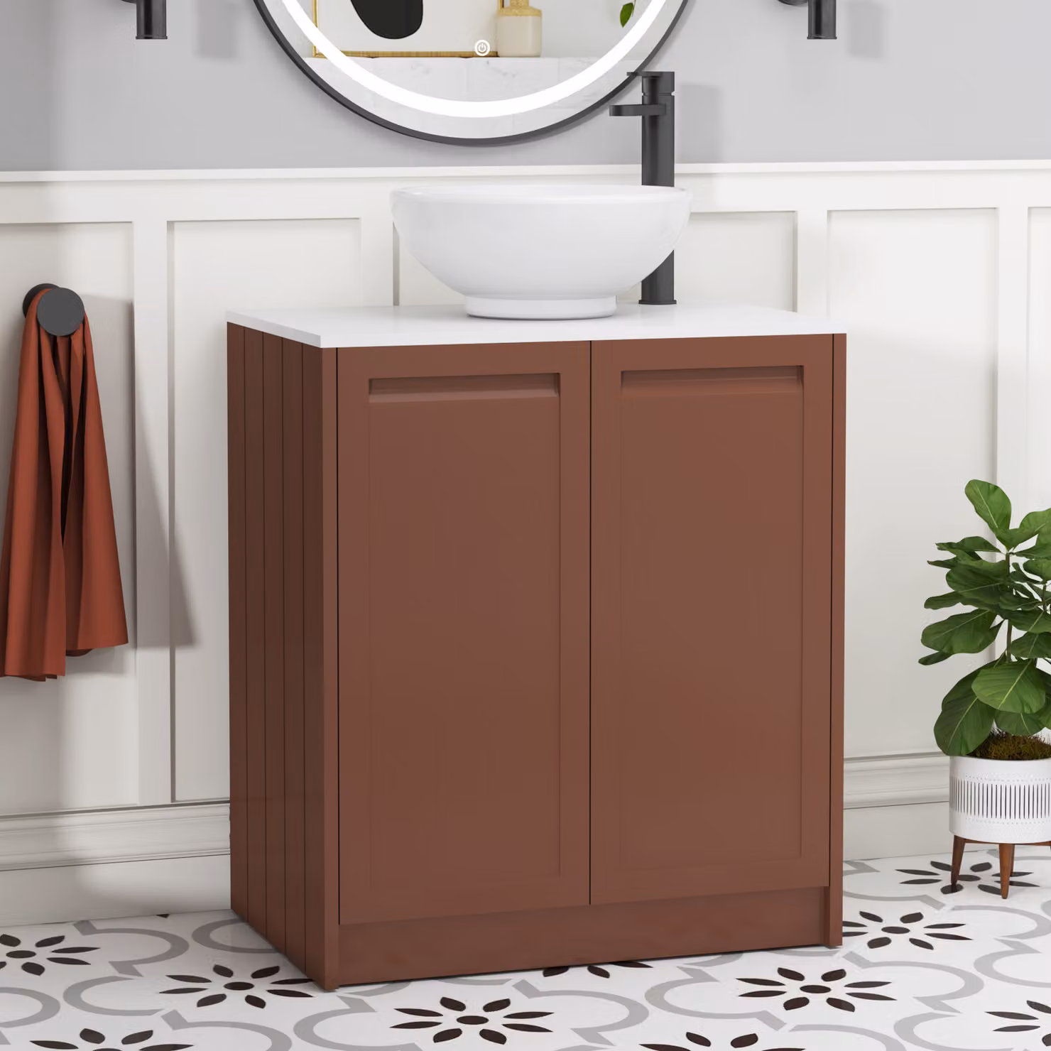 Royal Bathrooms Elmore 700mm Terracotta Clay Floor Standing 2 Door Vanity Unit with White Worktop and Breeze Basin