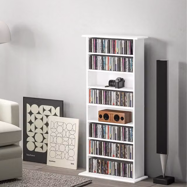 HOMCOM White Wood CD DVD Storage Unit with Adjustable Shelves and Media Compartments