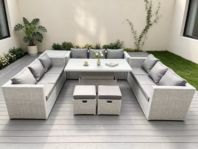 Fimous U-Shape Rattan Garden Furniture Set with Adjustable Rising Lifting Table in Light Grey – 1