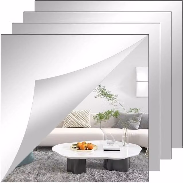 SPETLEK Silver Square Self Adhesive Glass Mirror Wall Sticker, W: 100 cm, H: 60 cm