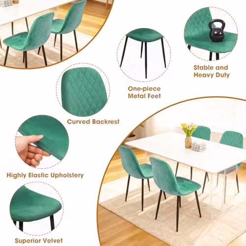 Alivio Set of 4 Green Velvet Dining Chairs with Ergonomic Curved Backrests and Metal Legs – 3
