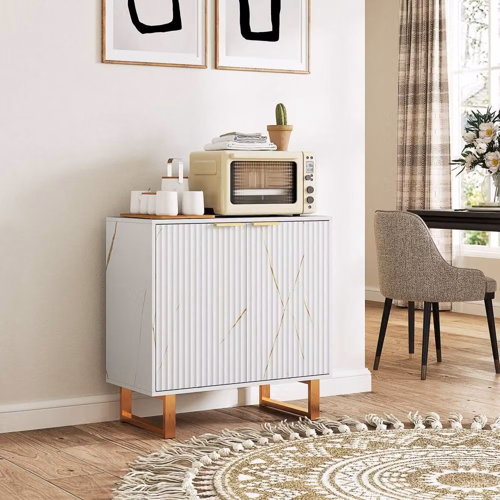 Wyld Haus Redi Sora White and Gold Ribbed Sideboard W: 76.5 cm, D: 39 cm, H: 77 cm – 5