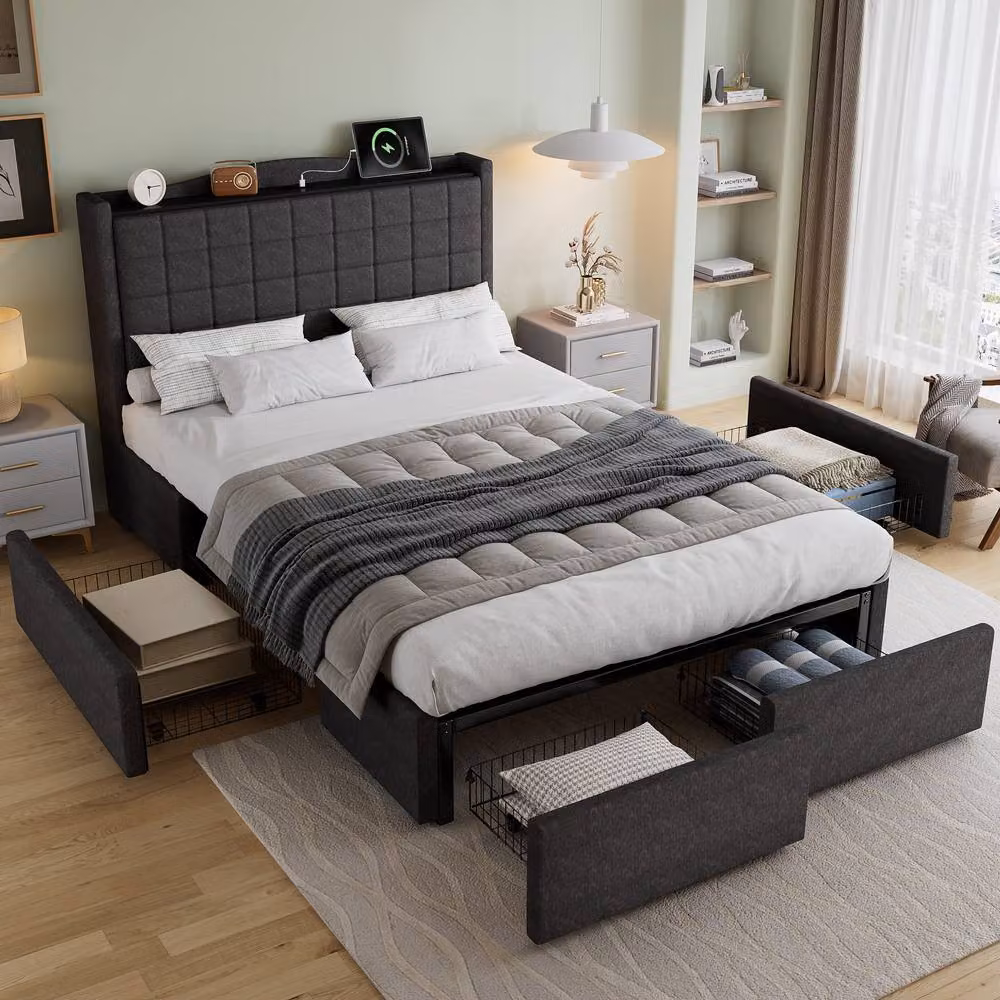 Merax Grey Linen Upholstered Double Storage Bed with 4 Drawers and USB Charging Station W: 135 cm, D: 190 cm, H: 111 cm – 3