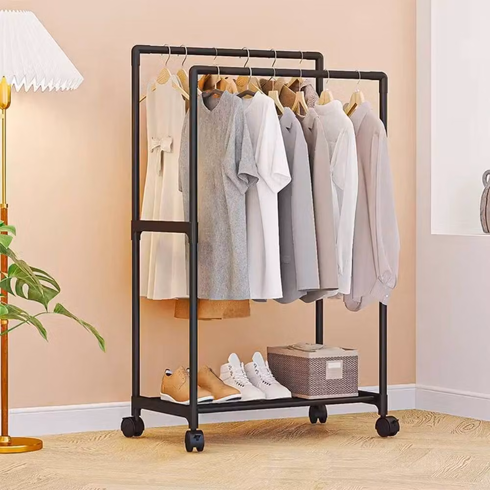 VOGREX Heavy Duty Double Clothes Rail with Wheels and Shoe Shelf Rack in Matt Black – 2