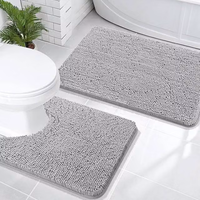 VOGREX 2-Piece Non-Slip Soft Absorbent Chenille Bath Mat and Toilet Pedestal Mat Set in Grey, W/D/H: 100 x 133 cm
