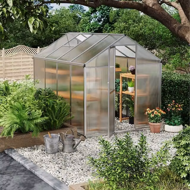 Livingandhome Silver Aluminium Frame Greenhouse with Polycarbonate Windows and Gable Roof