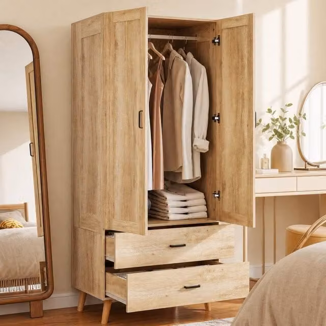 STILVORA Modern 2 Door Wardrobe with 2 Integrated Drawers and Soft Close Doors in Natural Brown and Beige