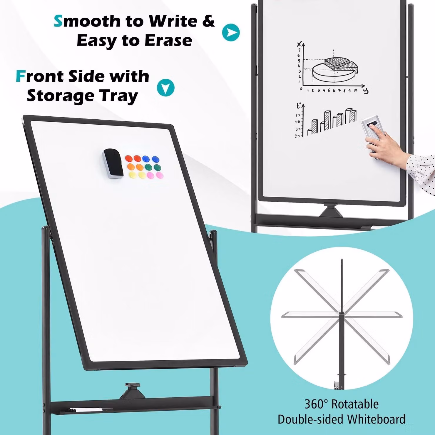 Costway Double-Sided Magnetic Mobile Whiteboard with Marker in Black – 2