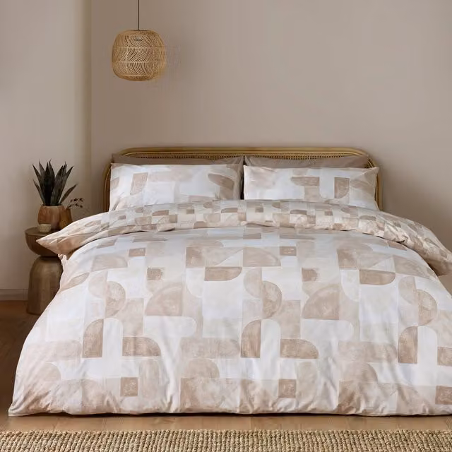 Catherine Lansfield Sloane Geo Reversible Duvet Cover Bedding Set in Beige and Natural Cotton Polyester Blend