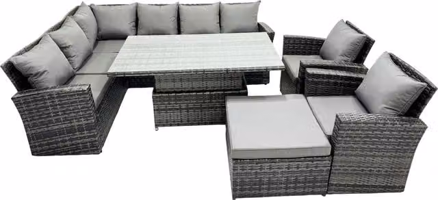 Fimous Poly Rattan Outdoor Patio Corner Sofa Set with Large Stool and 2 Chairs in Dark Grey – 1