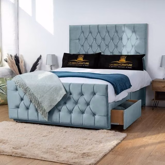 UK Bed Furniture Jublie Double Divan Bed with 4 Drawers and 26 Inch Headboard in Light Blue, W/D/H: 140 x 200 cm