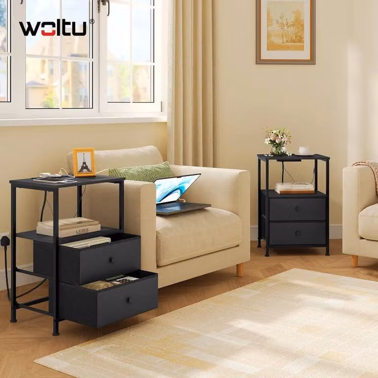 SPETLEK Set of 2 Black Wooden Bedside Table Cabinets with Integrated Lighting