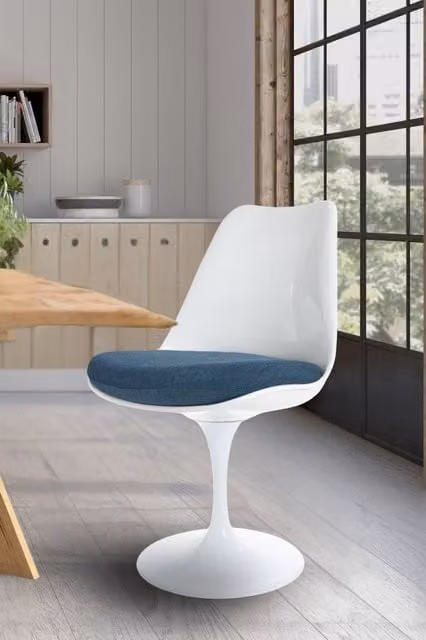 Fusion Living White Tulip Swivel Dining Chair with Navy Blue Velvet Cushion – 1