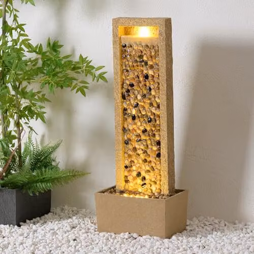 Teamson Home Brown Outdoor Water Feature Tall Waterfall Fountain with Warm LED Lights and Layered Rock Design, H: 91.95 cm x W: 21.59 cm x D: 21.59 cm – 3