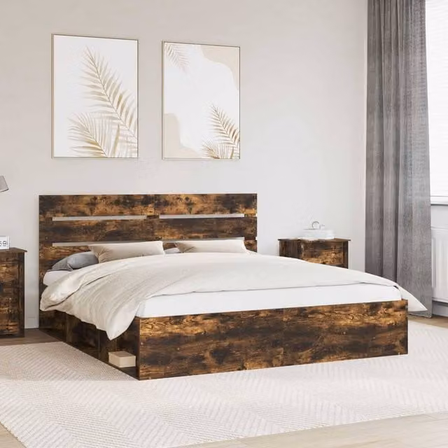Berkfield Home Smoked Oak Bed Frame in Brown, Solid Pine and Engineered Wood, 200 x 200 cm