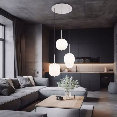 Netlighting Blacky I Cluster Pendant Lamp by Globo Lighting with 3x E14 Opal Glass Shades in Silver and White, Diameter: 46 cm, Height: 120 cm – 3