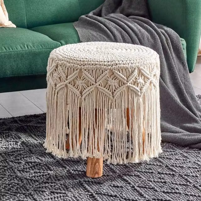 Wyld and Coco Beige Handwoven Macramé Cotton Pouffe with Wooden Legs W/D/H: 40 x 40 x 50 cm – 1