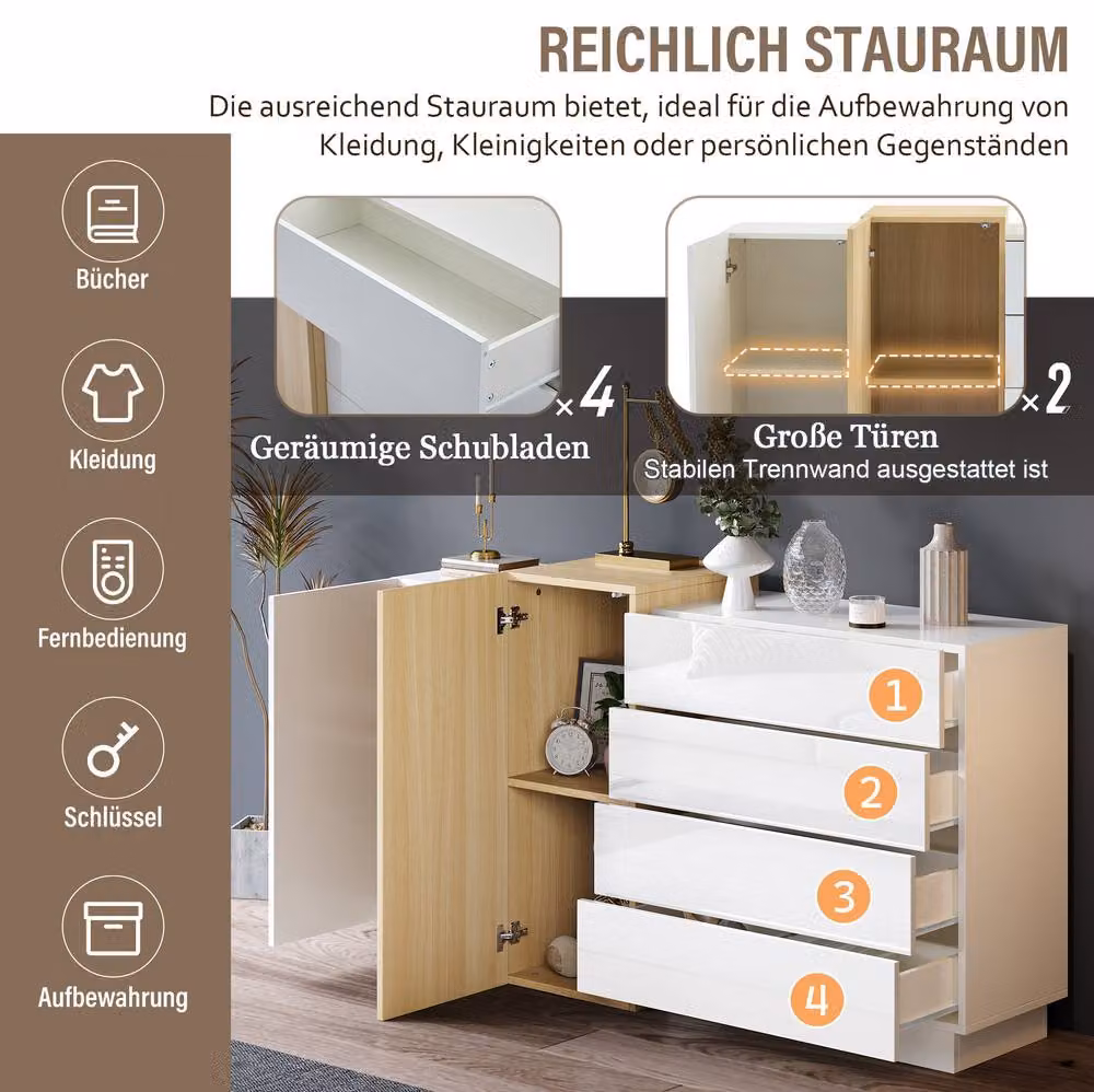 STILVORA White Glossy Modern Sideboard with 4 Drawers and 2 Doors – 4