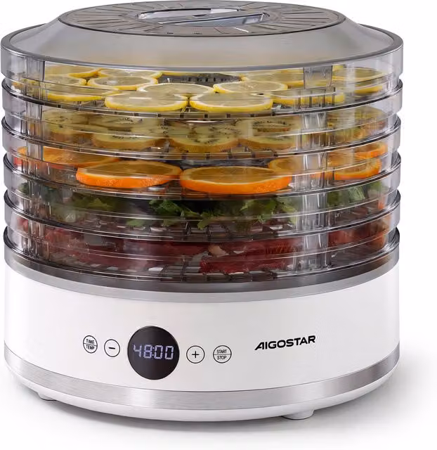 Aigostar Round Food Dehydrator with Digital Display and Timer, White