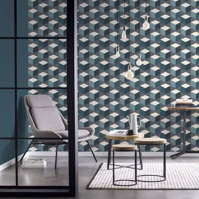 Rasch Sansa Geometric 3D Effect Abstract Vinyl Wallpaper in Petrol, Grey and White