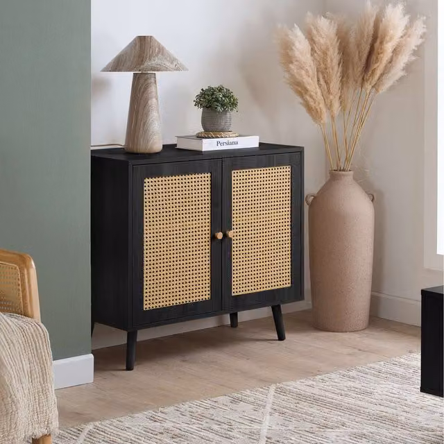 Croxley Modern 2 Door Oak Sideboard with Rattan Detail in Black Matt