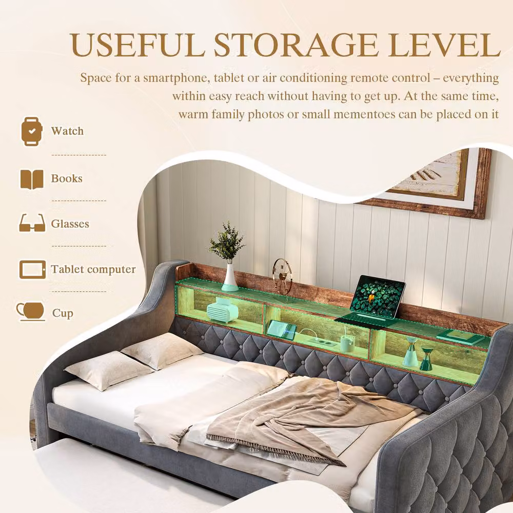 BTM Single Velvet Daybed with Storage, LED Under-Bed Lighting and USB-C Charging Port, Dark Grey, W/D/H: 190 x 90 x 48.2 cm – 6