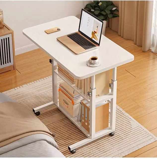 Living and Home 3-Tier Height Adjustable Mobile Overbed Desk with Shelves and Castors in White – 1