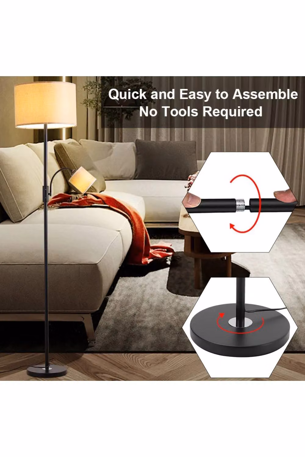 Living and Home 2 Light Adjustable Floor Lamp in Black and Multicolour with Fabric Shades – 6