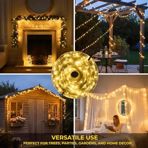 Shatchi Warm White LED Fairy String Lights with 100 LEDs and Timer, 10m Gold Leather-Thread Wire, IP44 Waterproof for Indoor and Outdoor Christmas, Party and Wedding Decor – 4