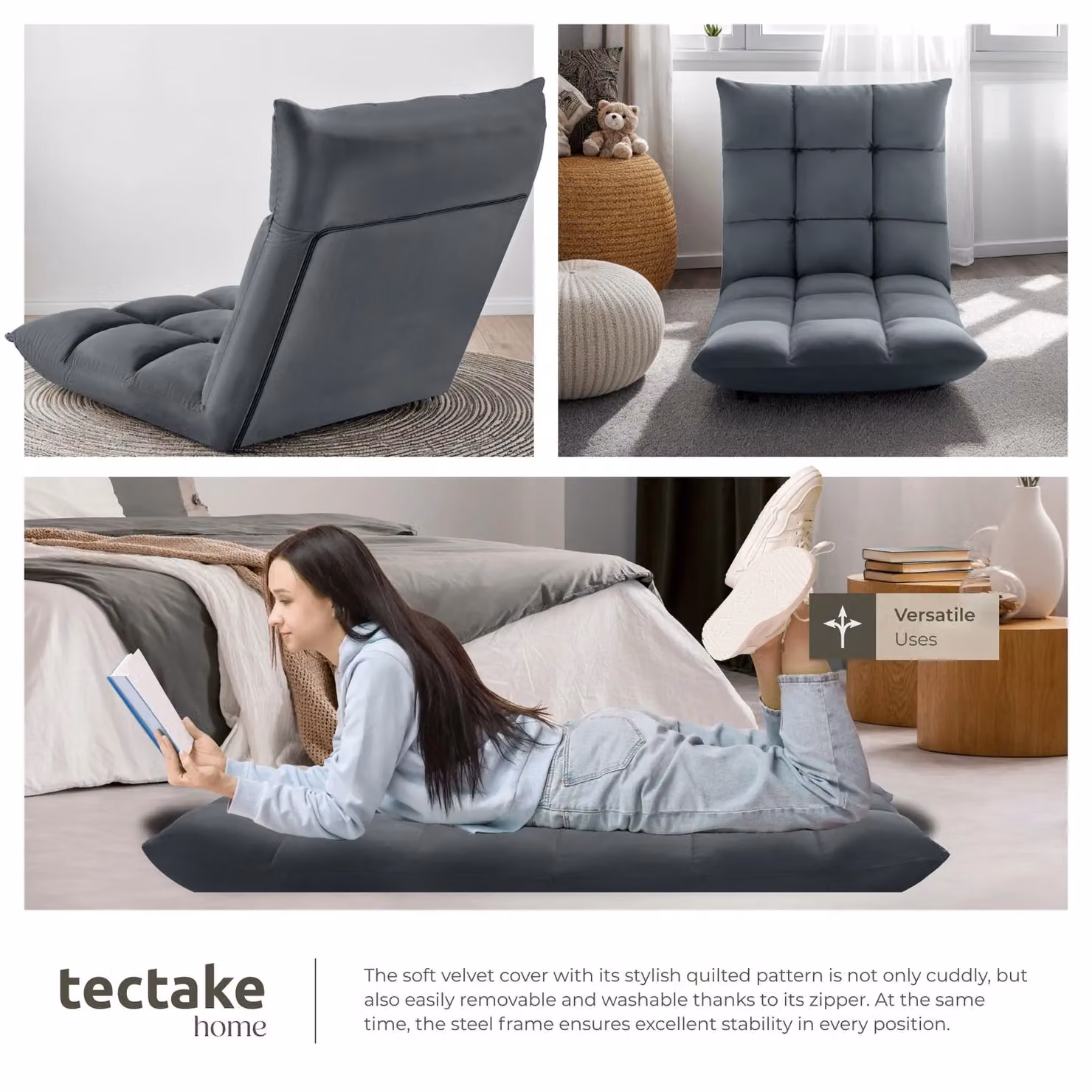 tectake Snooze Recliner TV Chair in Grey Velvet Fabric with Metal Frame – 7