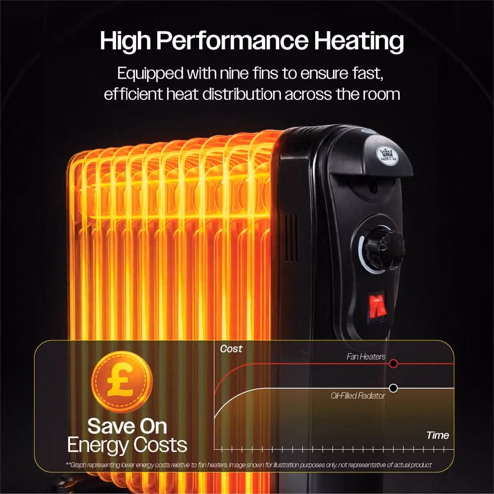 Prem-i-Air 2kW 9-Fin Portable Oil Filled Radiator Heater in Black with Adjustable Thermostat and Safety Cut-Off – 4