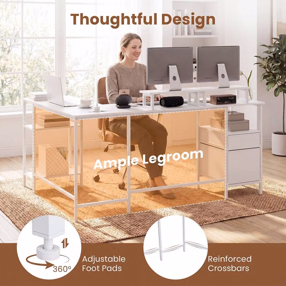 Costway L-shaped Reversible Corner Desk with Power Outlets in White – 3