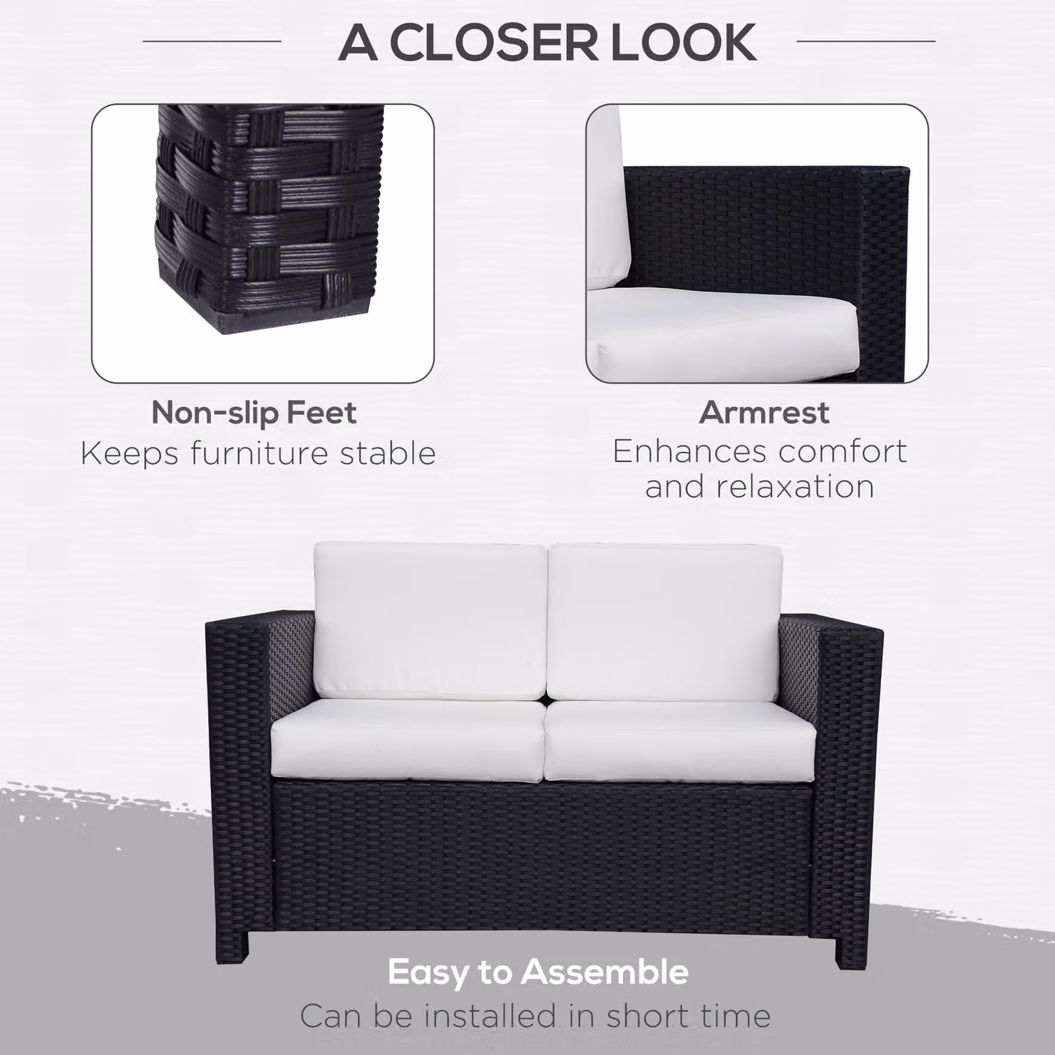 Outsunny 2 Seater Rattan Garden Sofa with Padded Cushions and Armrests, Black – 6