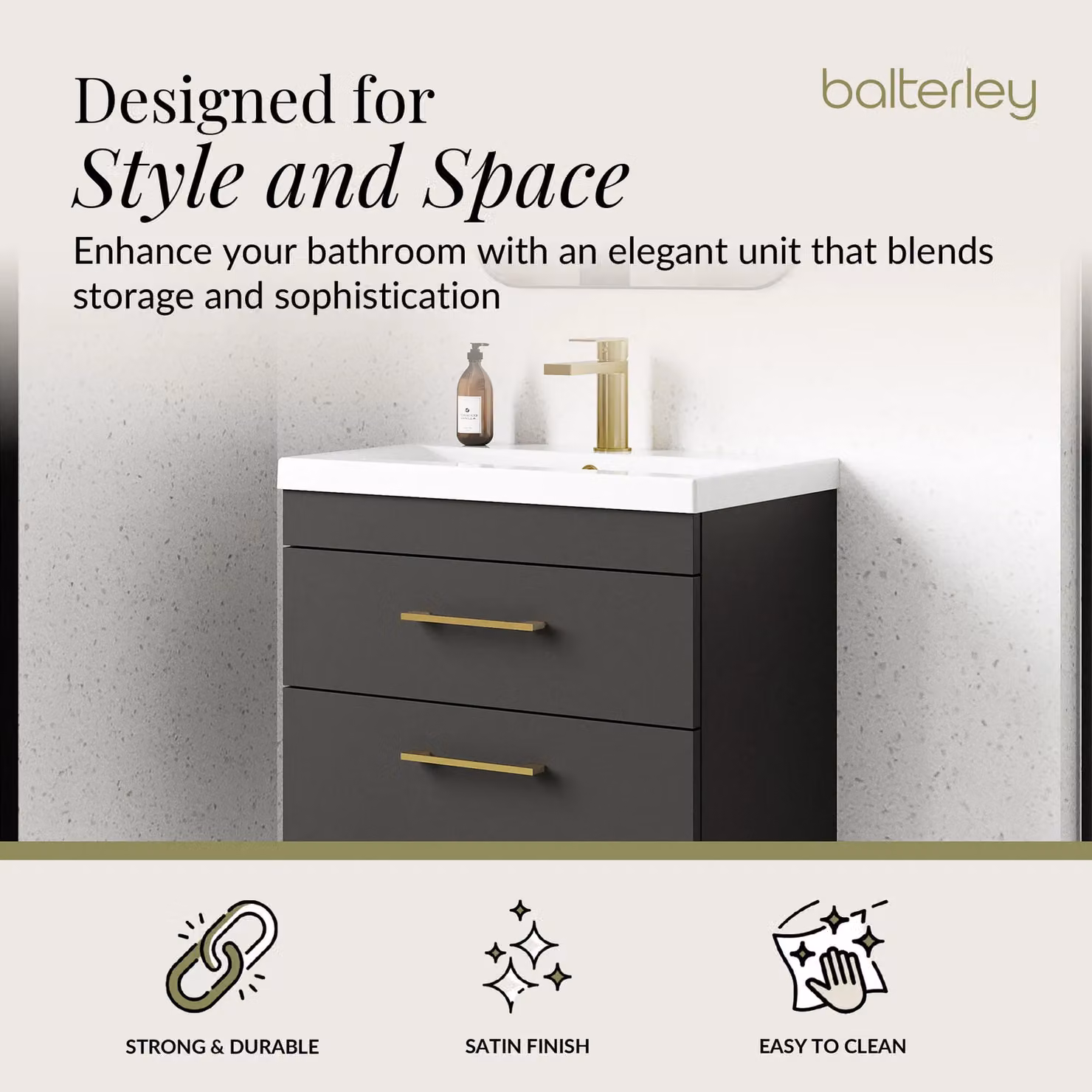 Balterley Modern Glossy Wall Hung Bathroom Vanity Basin Unit in Grey, Width: 60 cm – 2