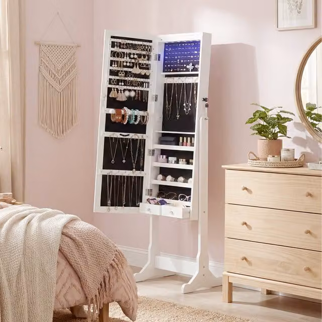 SONGMICS White LED Mirrored Jewellery Cabinet with 2 Drawers and Lock, W/D/H: 36.5 x 41.0 x 151.0 cm
