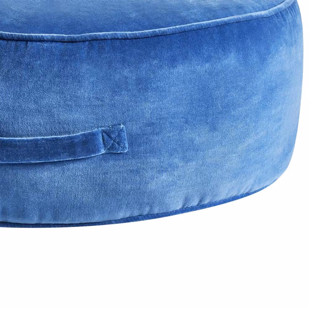 Wyld and Coco Blue Velvet Cylindrical Round Pouffe Ottoman – 5