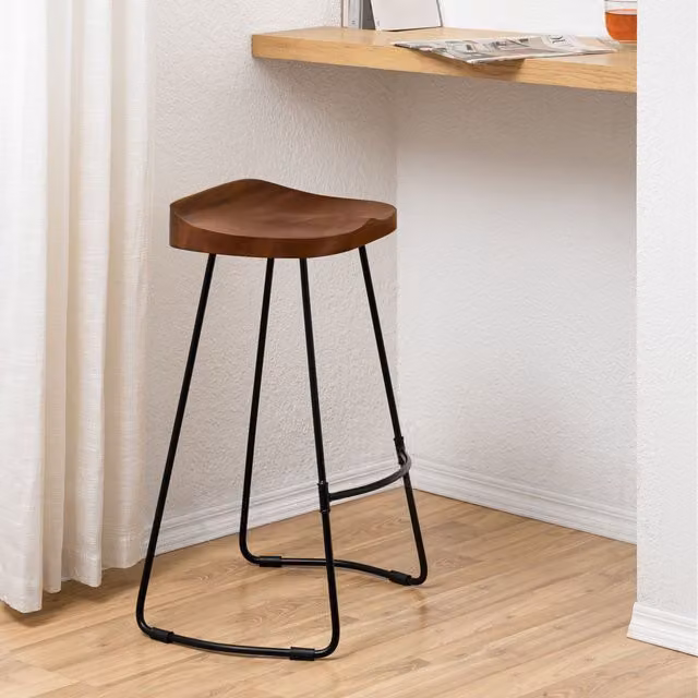 MH London Rombass Breakfast Counter Stool in Walnut with Solid Mango Wood Saddle Seat and Black Iron Legs – 1