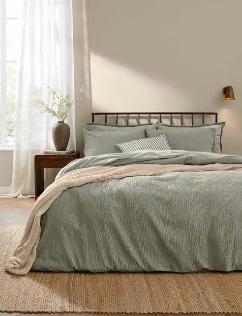YARD Hebden Green Pure Cotton Seersucker Bedding Set, W: 180 cm x L: 200 cm
