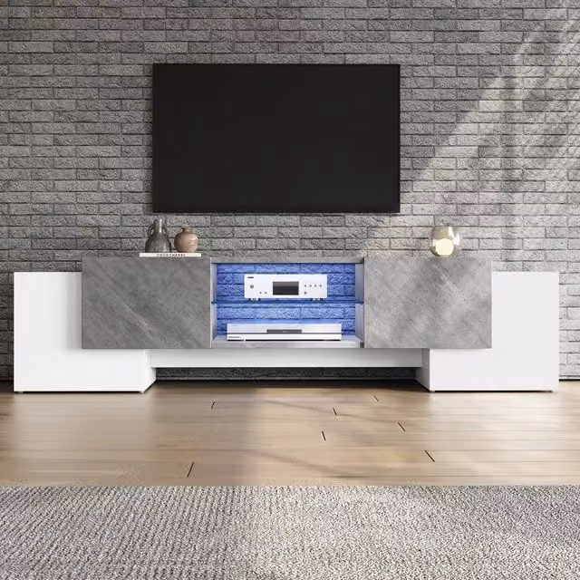 Aosom UK Modern TV Cabinet with App-Controlled LED Lighting, 4 Doors and 2 Open Shelves, Grey and White, W: 180 cm, D: 40 cm, H: 46.5 cm
