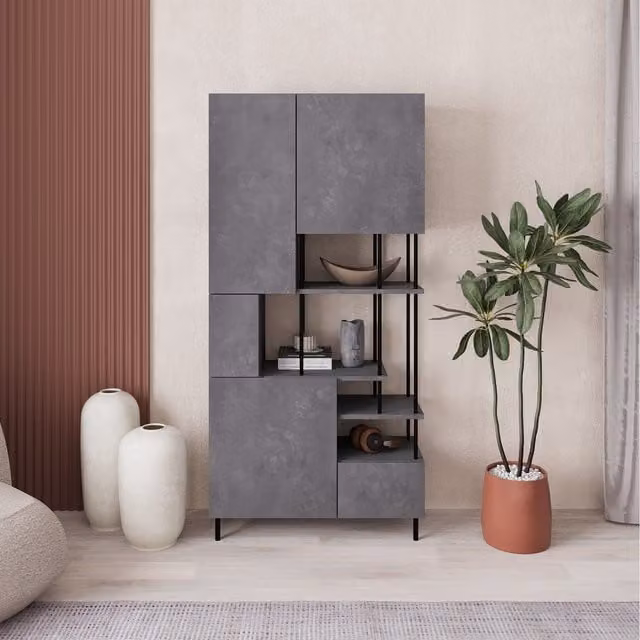 Decortie Modern 5-Door Bookcase and Cabinet with Open Shelves and Soft-Close Hinged Doors, Grey and Black