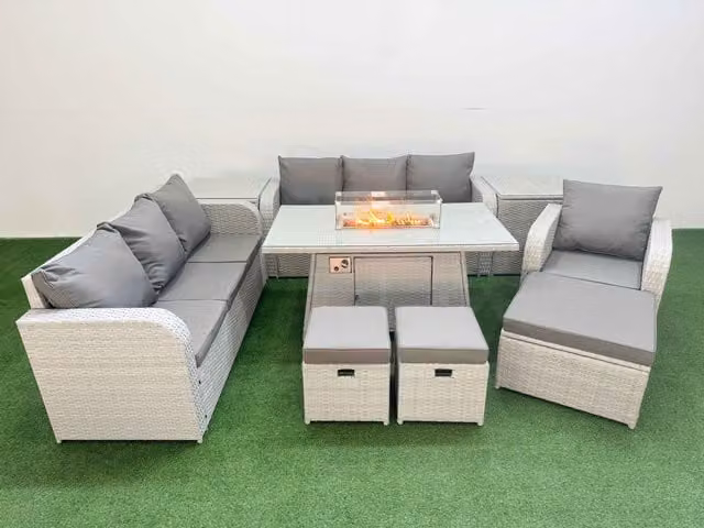 Fimous 10 Seater Poly Rattan Outdoor Garden Furniture Set with Firepit Dining Table, 3 Seater Sofas, Reclining Chairs and Stools in Grey