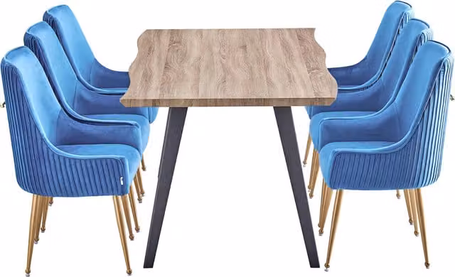 Soho Rocco LUX Modern Rectangular Wood Dining Set with 6 Upholstered Chairs in Blue and Gold