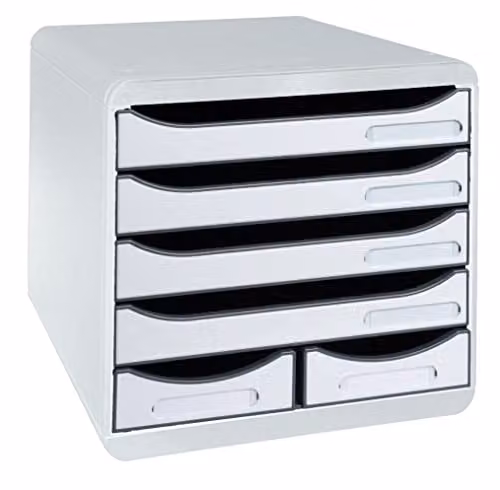 Exacompta BIG-BOX MAXI Document Box in Light Grey with 4 A4+ Drawers and 2 Utensil Drawers, W: 27.8 cm, D: 34.7 cm, H: 27.1 cm – 1