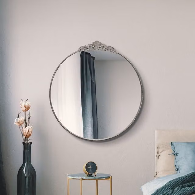MirrorOutlet Crown Modern Round Circular Glass Wall Mirror in Silver