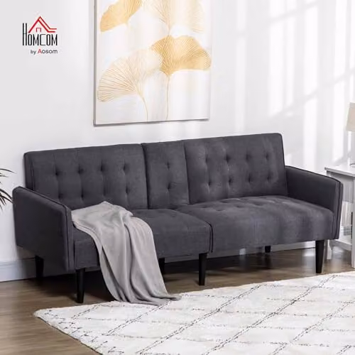 HOMCOM 3 Seater Upholstered Click Clack Sofa Bed with Cup Holders and Storage, Grey Fabric – 2